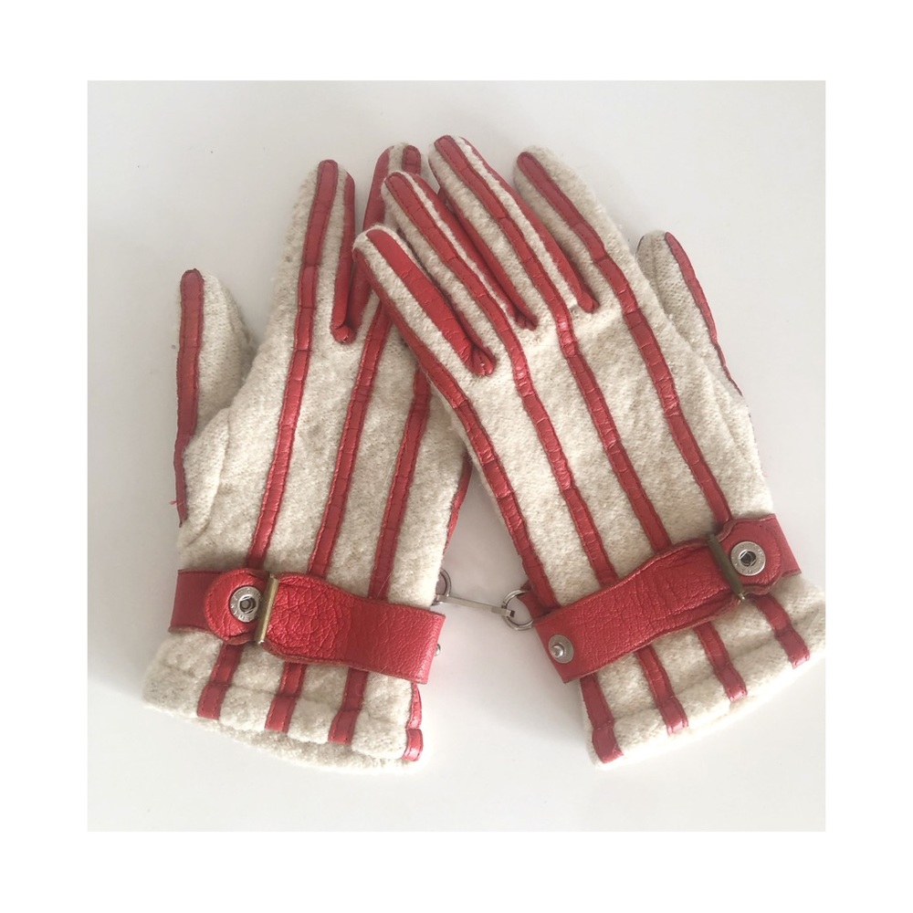 SOLD - Vintage Wool Ski Gloves with Red Leather Stripes - Made in Austria